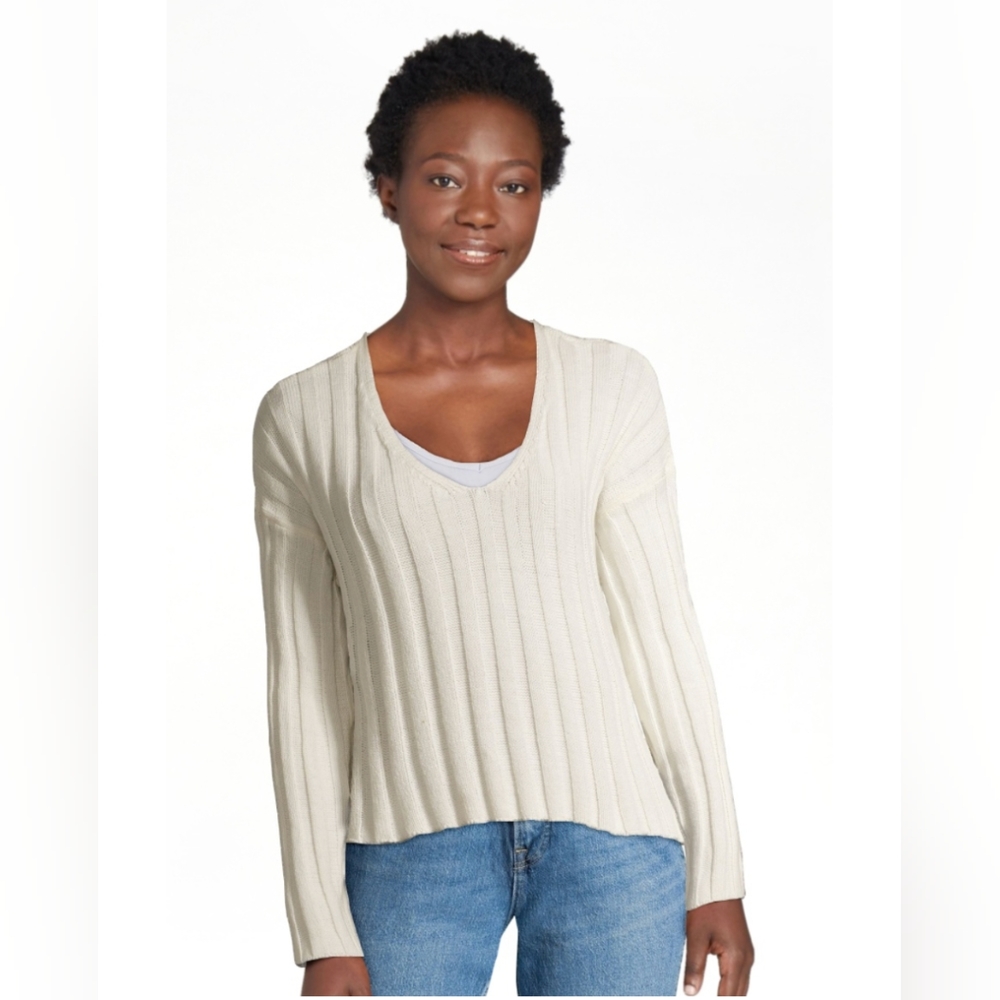 Wet Seal Egret Ribbed Cropped Cotton/Acrylic Blend V-neck Sweater 🔥Host Pick🔥 - Picture 3 of 13
